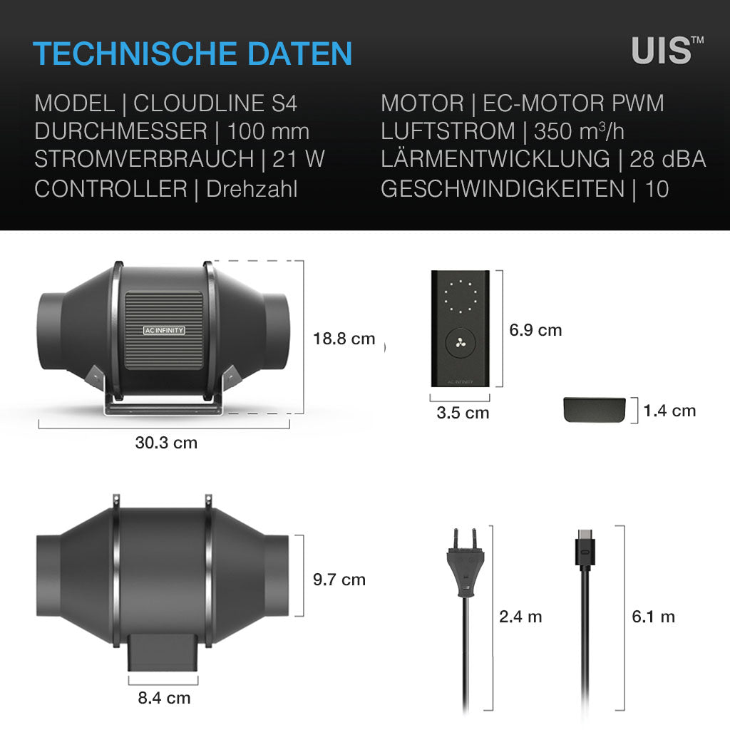 AC Infinity CLOUDLINE PRO S4, 100mm regelbarer Rohrventilator - EigenGrow