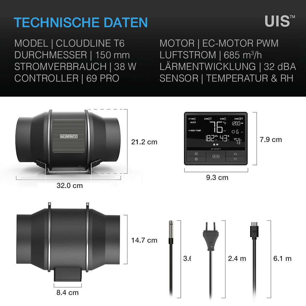 AC Infinity CLOUDLINE PRO T6, Rohrventilator mit Temperatur- und Feuchtigkeitssteuerung 150mm - EigenGrow