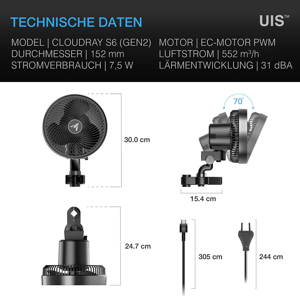 CLOUDRAY S6, GEN 2, Grow-Zelt-Clip-Ventilator 150 mm, EC-Motor, automatische Oszillation - EigenGrow