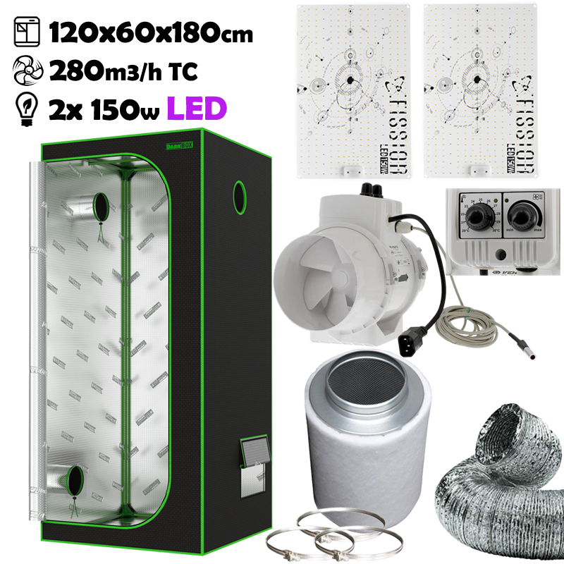 Growbox Komplettset 120x60x180cm LED 2x Fission 150W  Temperatur gesteuert