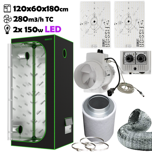 Growbox Komplettset 120x60x180cm LED 2x Fission 150W  Temperatur gesteuert