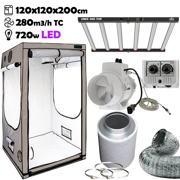 Growbox Komplettset 120x120x200cm 720w LUMEN KING LED Temperatur gesteuert