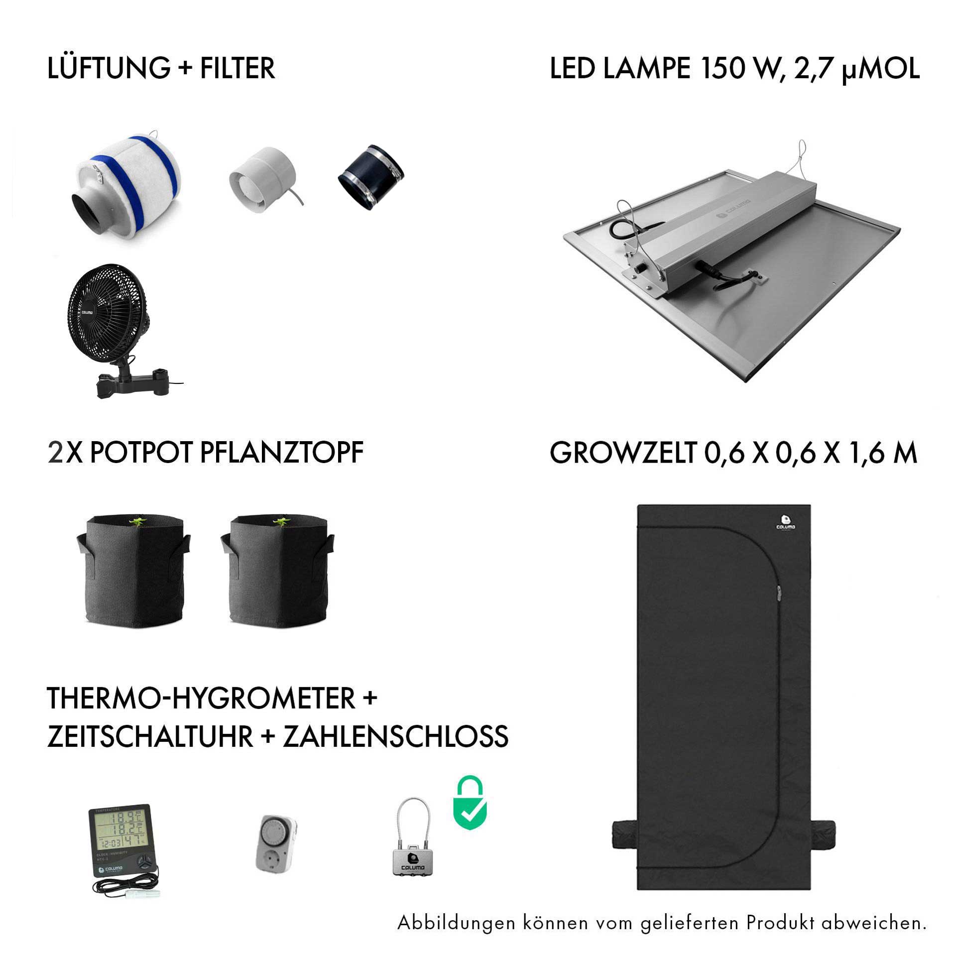 Growbox Komplettset 60x60x160cm 150w LED CALUMA