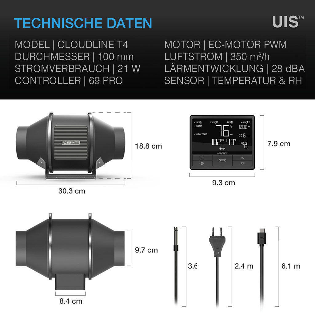 AC Infinity CLOUDLINE PRO T4, Rohrventilator mit Temperatur- und Feuchtigkeitssteuerung 100mm