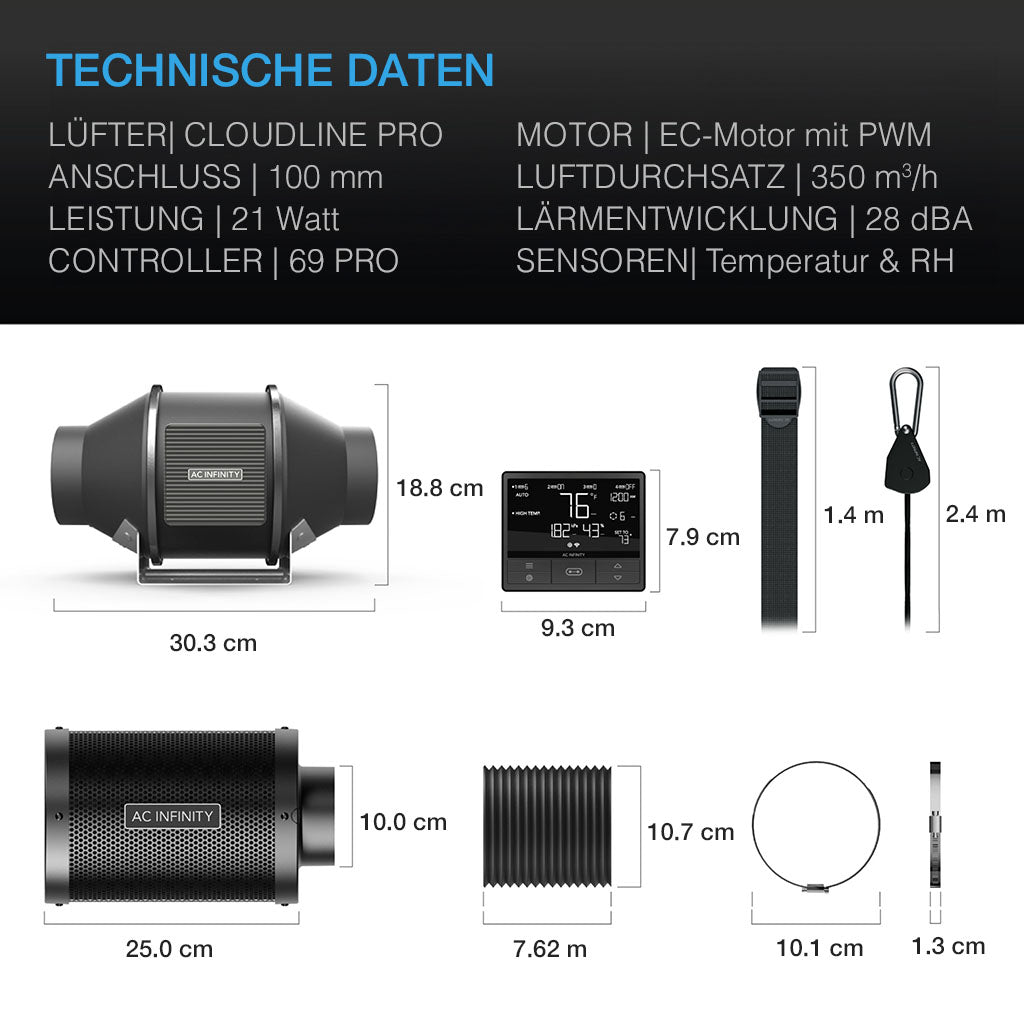 AC Infinity Luftfilter-Set PRO 100mm, Inline-Ventilator mit Smart Controller und Aktivkohlefilter