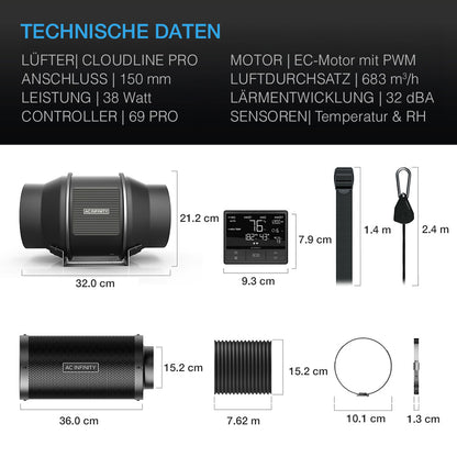AC Infinity Luftfilter-Set PRO 150mm, Inline-Ventilator mit Smart Controller und Aktivkohlefilter - EigenGrow