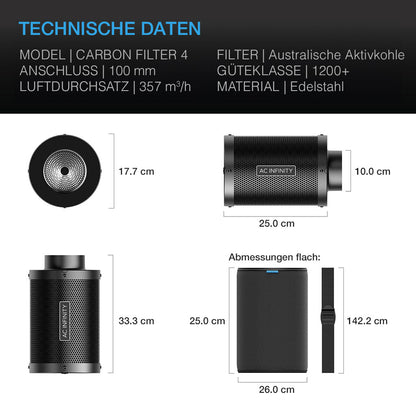 AC Infinity  Aktivkohlefilter mit australischer Aktivkohle, 100mm - EigenGrow