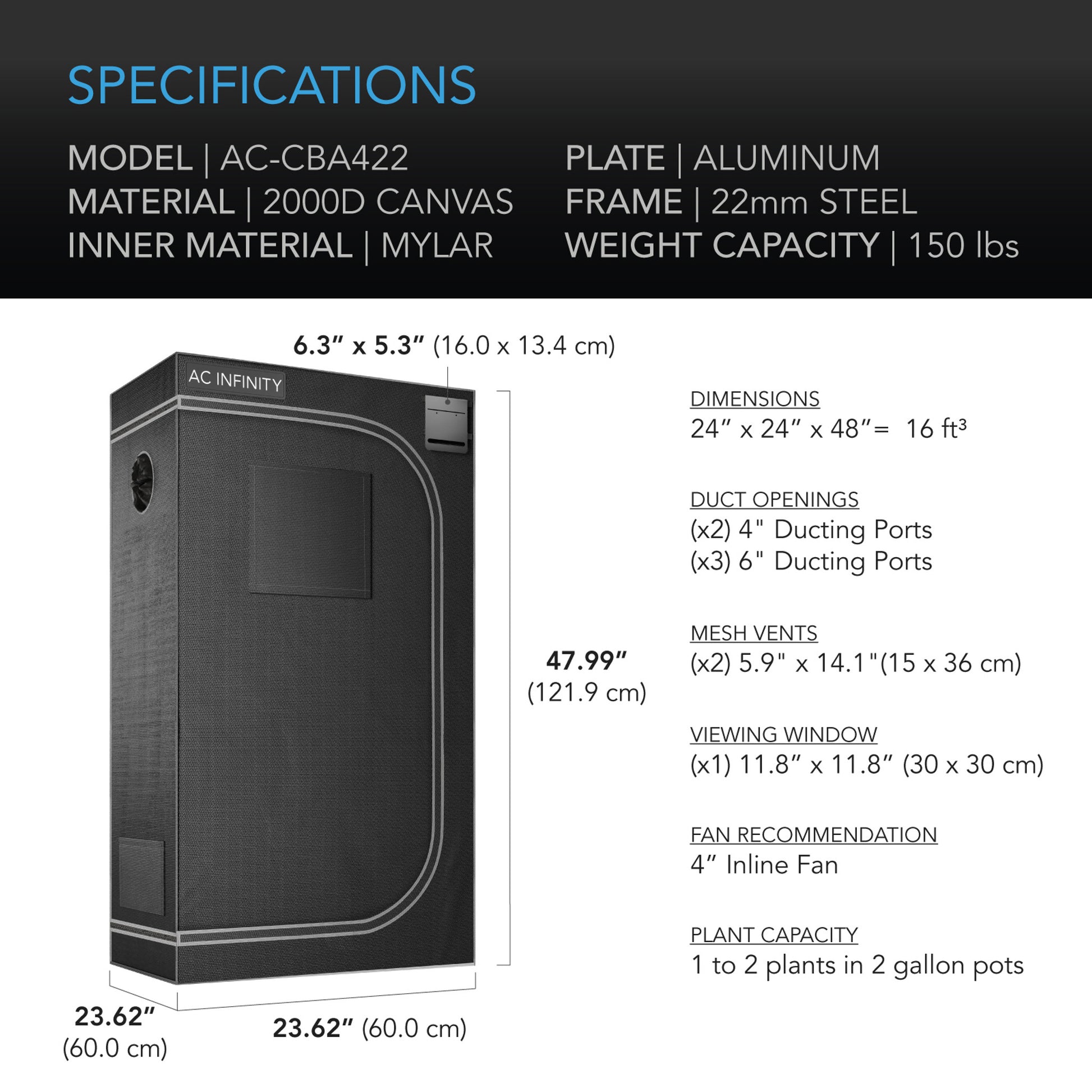 AC Infinity CLOUDLAB 422 Advance Growzelt 60 x 60 x 120 cm - EigenGrow