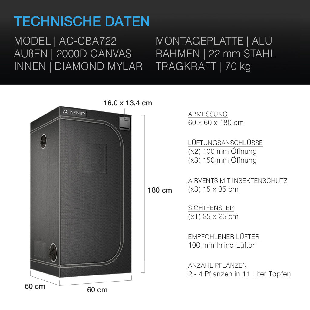 AC Infinity CLOUDLAB 722 Advance Growzelt 60 x 60 x 180 cm - EigenGrow