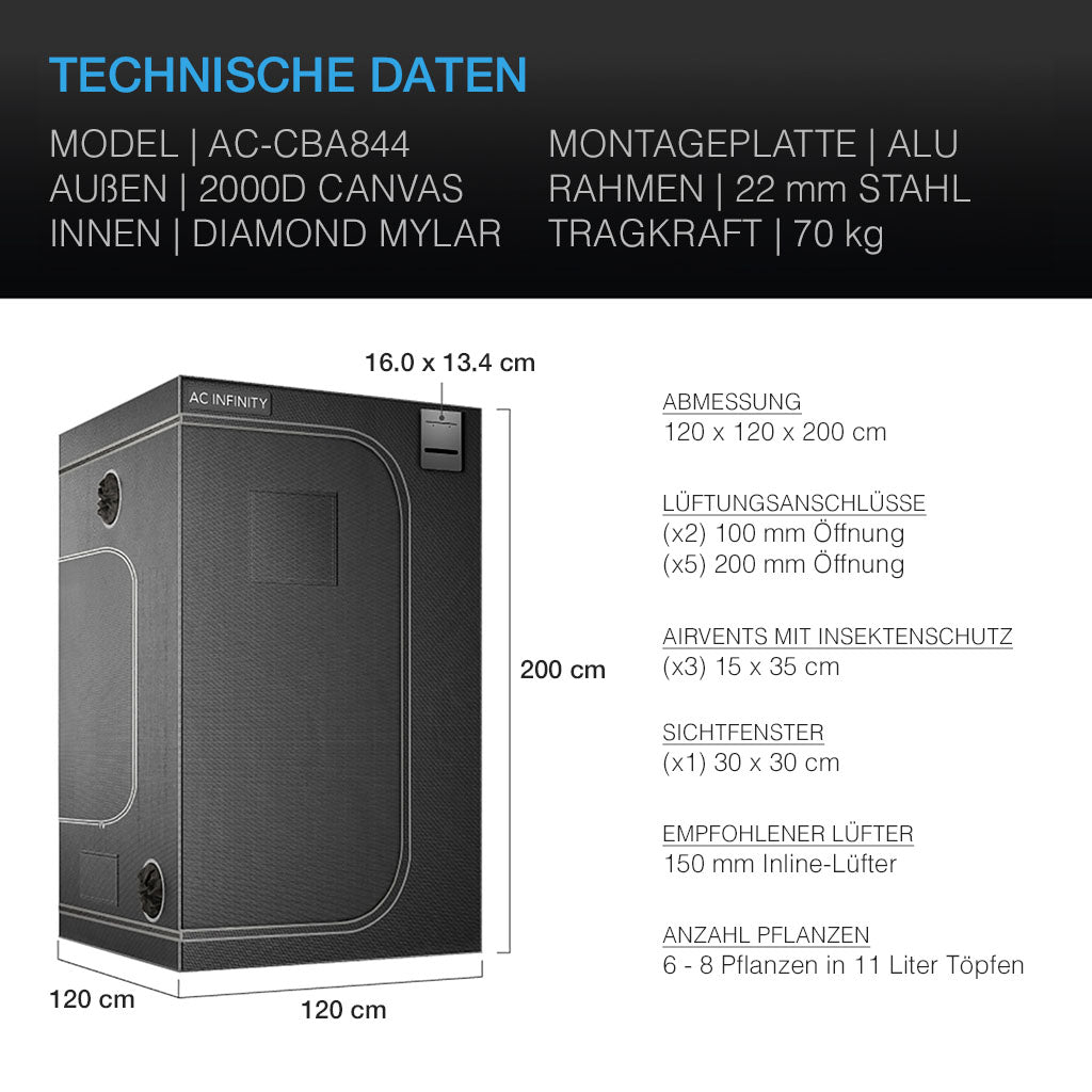 AC Infinity CLOUDLAB 844 Advance Growzelt 120 x 120 x 200 cm - EigenGrow