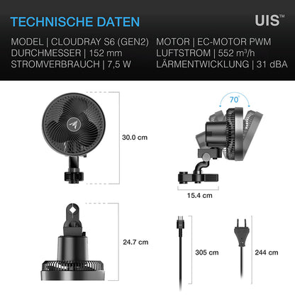 CLOUDRAY S6, GEN 2, Grow-Zelt-Clip-Ventilator 150 mm, EC-Motor, automatische Oszillation - EigenGrow